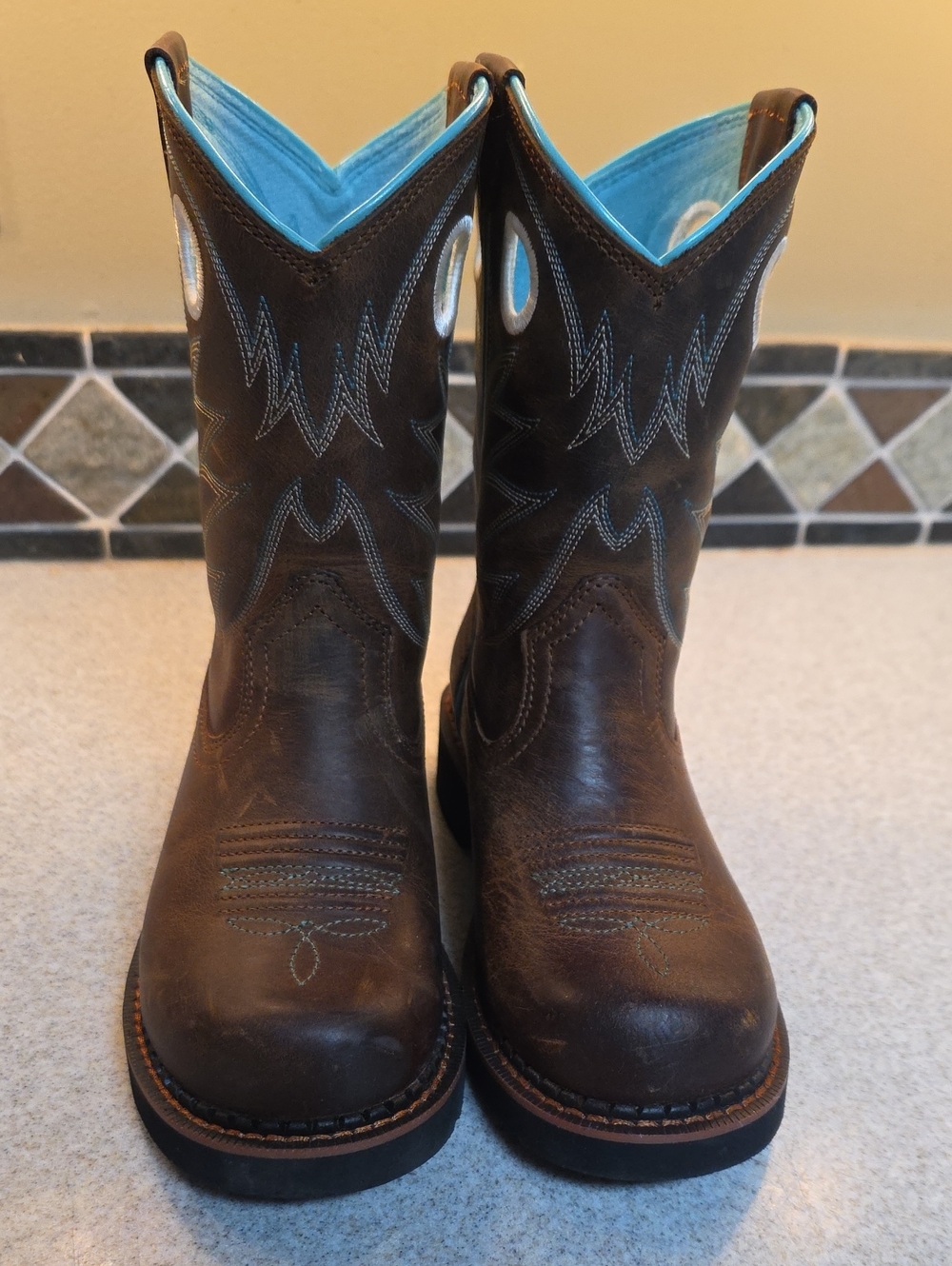 Ariat Brown Leather Kids Western Boots with Turquoise Lining